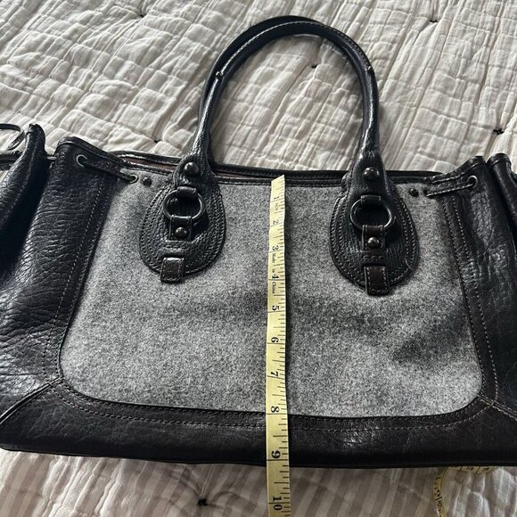 BR Banana Republic Leather Wool Drawstring Satchel Tote Gray Brown Academia 90s - Picture 12 of 14